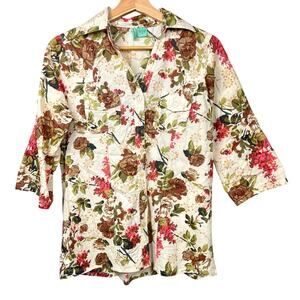 Women's Floral 100% Cotton Button-Up Roll Tab Shirt by Love Potion Size Small